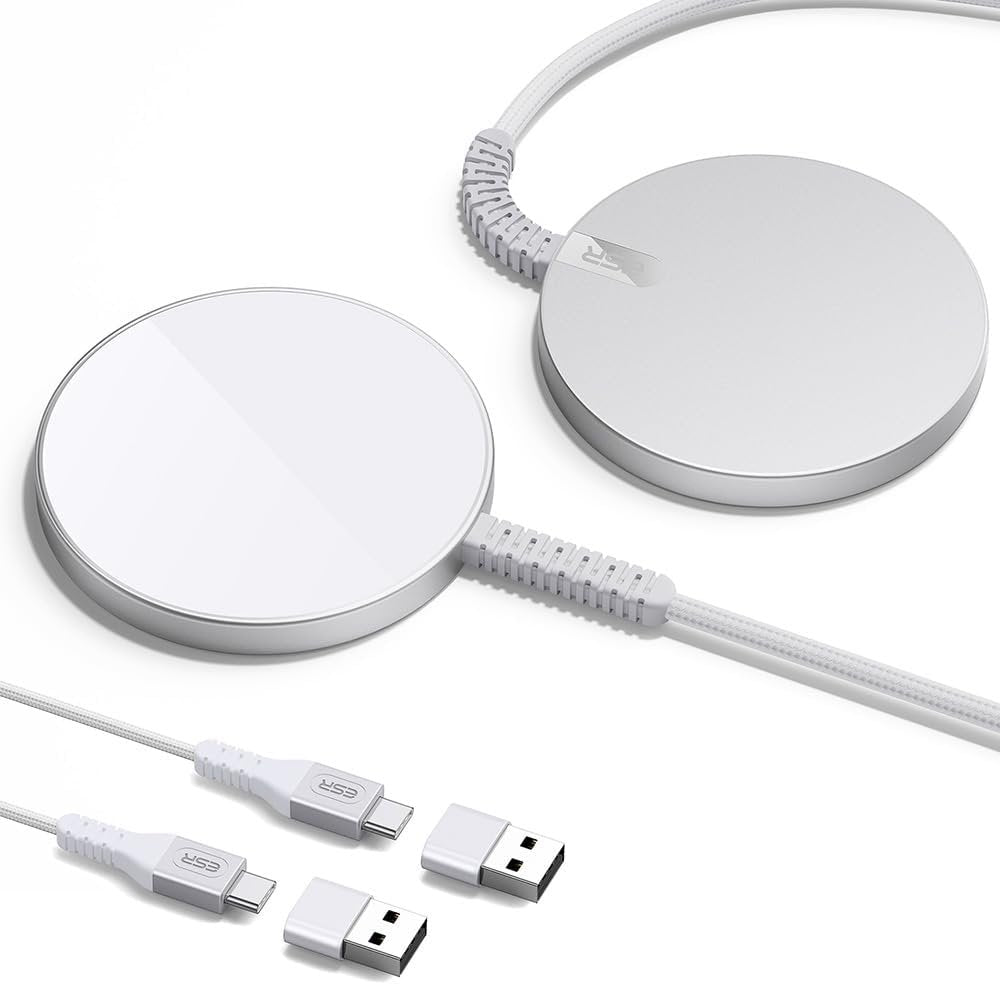 ESR Wireless Charger with MagSafe, Compatible with iPhone 15/14/14 Plus/14 Pro/14 Pro Max/13/12 Series, MagSafe Accessories, Strong Magnetic Lock, Reinforced Braided Nylon Cable, 2 Pack, Silver