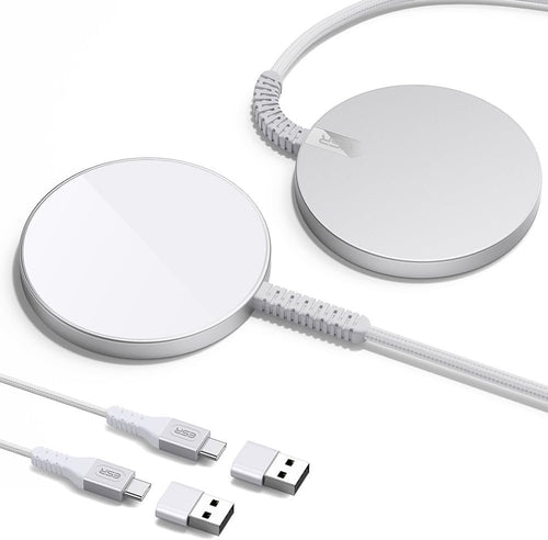 ESR Wireless Charger with MagSafe, Compatible with iPhone 15/14/14 Plus/14 Pro/14 Pro Max/13/12 Series, MagSafe Accessories, Strong Magnetic Lock, Reinforced Braided Nylon Cable, 2 Pack, Silver