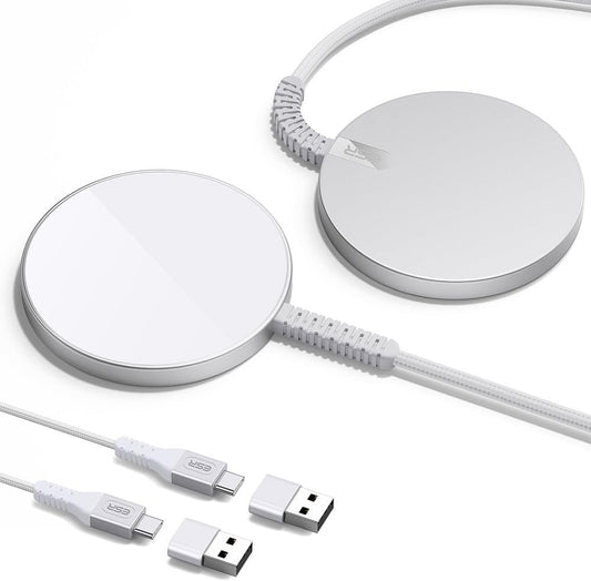 ESR Wireless Charger with MagSafe, Compatible with iPhone 15/14/14 Plus/14 Pro/14 Pro Max/13/12 Series, MagSafe Accessories, Strong Magnetic Lock, Reinforced Braided Nylon Cable, 2 Pack, Silver