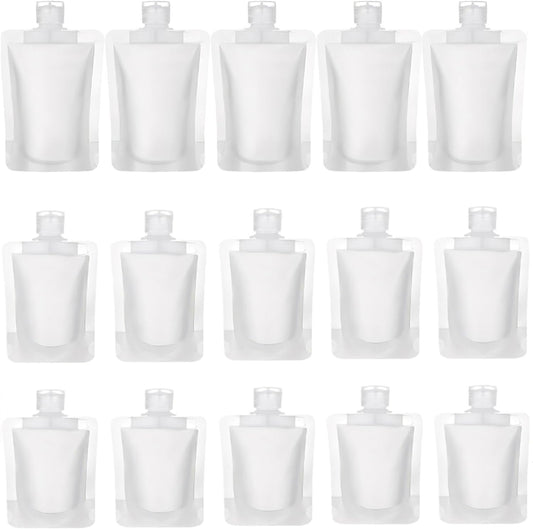 15 Pcs Portable Travel Makeup Packing Bag, 30ml+50ml+100ml Leak Proof Refillable Empty Squeeze Pouch, Transparent Clamshell Packaging Bag Plastic Stand Up Spout Pouch for For Vacation Travel.