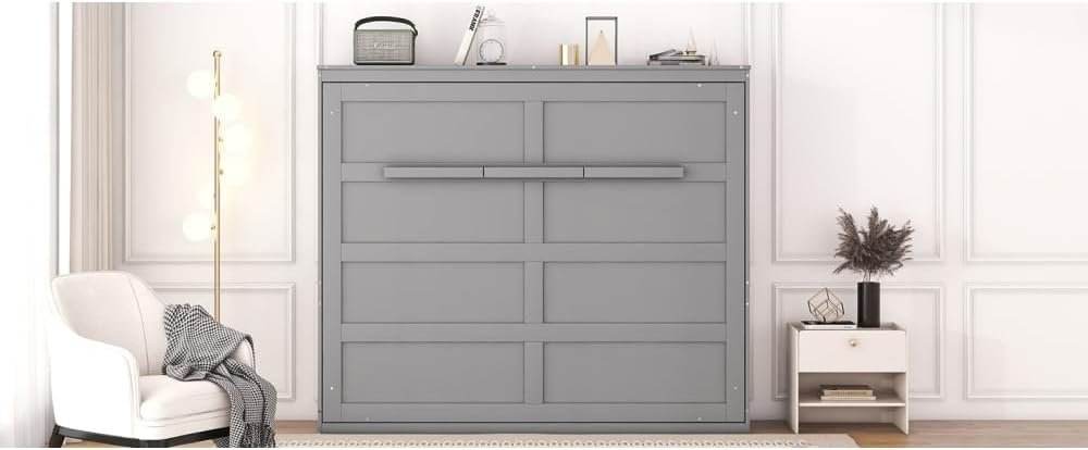 Murphy Wall Cabinet Bed with Foldable Design Space Saving with Slatted Base for Guest Room Home Office Small Apartment MDF Plywood Frame No Box Spring Needed (Gray,Full)