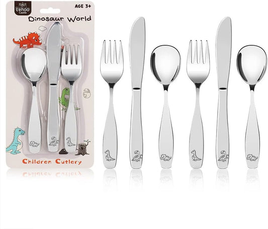 Lehoo Castle Kids Utensils - Stainless Steel Toddler Silverware Set With Forks, Spoons, Knives (Dinosaur x 6)