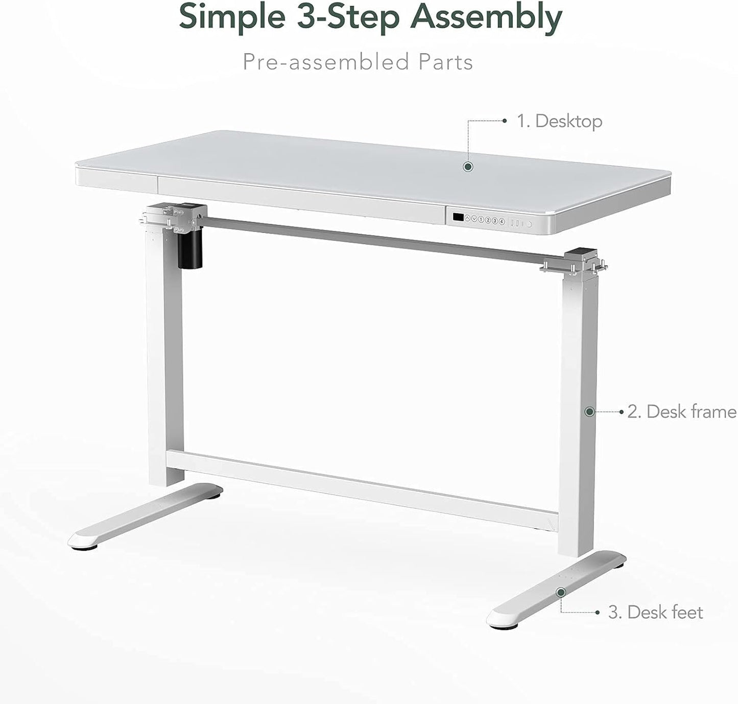Flexispot Electric Height Adjustable Standing Desk with Drawer 48 x 24 Inch Tempered Glass White Desktop & Frame Home Office Computer Workstation (2.4A USB Charge Ports, Memory Controller, Child Lock)
