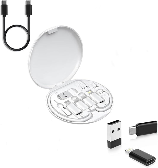 Multi Charging 9 in 1 Cable Case, Lightning to USB C Adapter Conversion Storage Box Kit, USB C to iOS Device Type C Micro Adapter Data Transfer Organizer (White)
