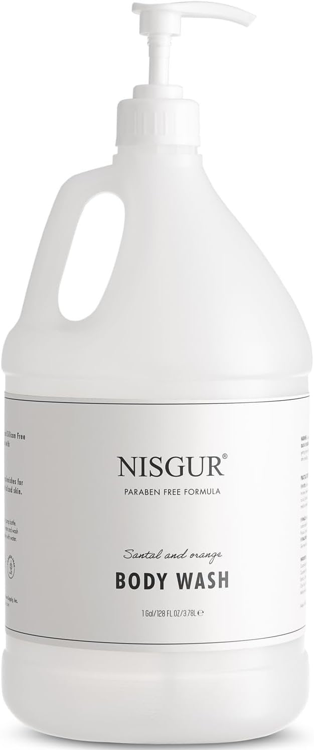 NISGUR Hotel Body Wash in Gallon Size 1 Gallon Each Total 2 Gallon Jugs with Extra Pump Dispenser to Refill Wall-mounted and Stand Dispenser Aloe vera, Green Tea Extract Infused Hotel Toiletries