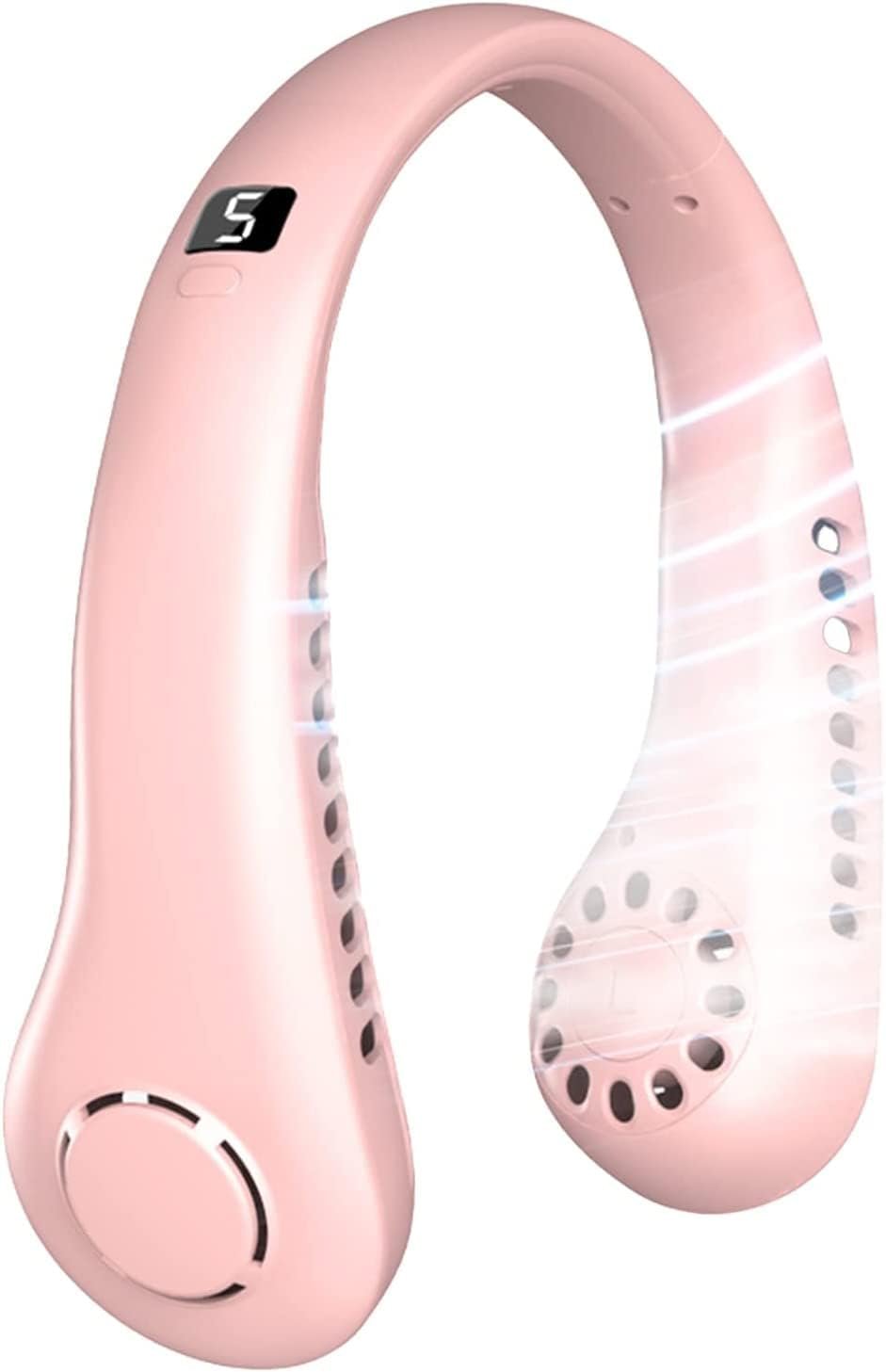 Personal Neck Fan, 5 Speeds Bladeless Hands Free Cooling Fan Leafless with LED Display, 3000mAh USB Rechargeable Wearable Neckband Fan Headphone Design for Sports Travel Indoor Outdoor Use (Pink)