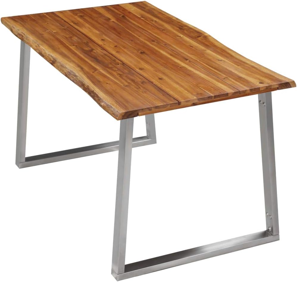 vidaXL Industrial Dining Table - Brown Solid Acacia Wood Top with Stainless Steel Legs - Rectangular Kitchen Table with Live Edge