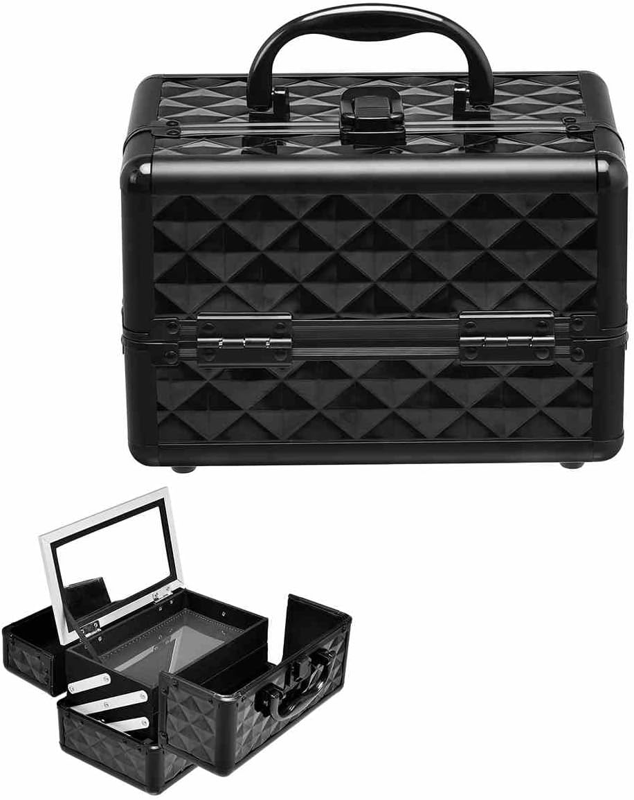 Cosmetic Beauty Case, Portable Lockable Makeup Jewelry Organizer, Travel Makeup Storage Box w/Mirror, Diamond Rose Gold, for Home Travel Gift (Black)