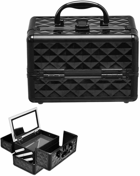 Cosmetic Beauty Case, Portable Lockable Makeup Jewelry Organizer, Travel Makeup Storage Box w/Mirror, Diamond Rose Gold, for Home Travel Gift (Black)