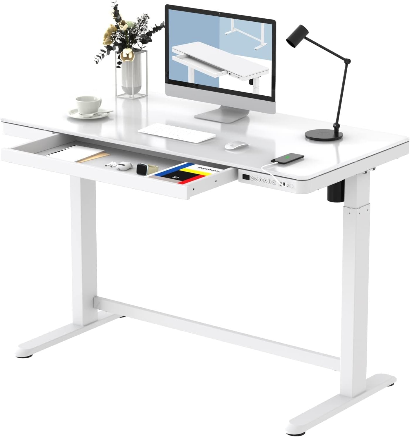 Flexispot Electric Height Adjustable Standing Desk with Drawer 48 x 24 Inch Tempered Glass White Desktop & Frame Home Office Computer Workstation (2.4A USB Charge Ports, Memory Controller, Child Lock)