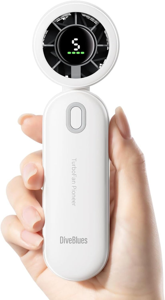 Diveblues iTurbo Handheld Turbo Fan, Mini Foldable Portable Rechargeable Battery Hand Fans, 5 Gear High Speeds Led Display,Powerful Airflow, Small Fan Travel Essentials Beach, Outdoor, Work