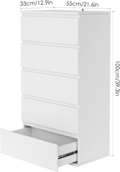 FOREHILL Bedroom Chest of Drawers, 5 Drawer Bedside Cabinet with Drawers Modern Design in Wood, for Living Room, Bedroom, Hallway, Kitchen (White)