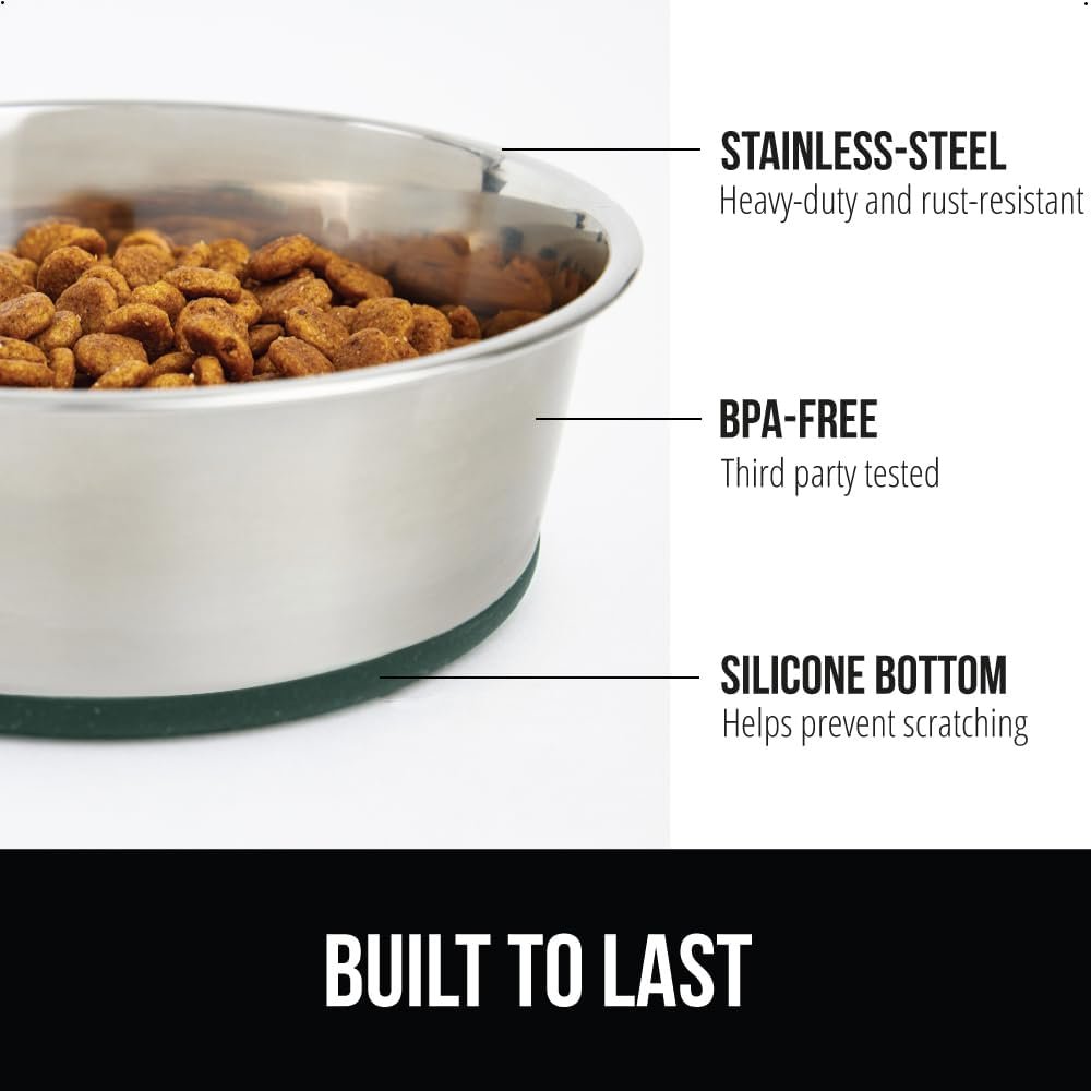 GORILLA GRIP Set of 2 Dog Bowls, Heavy Duty Metal Food and Water Bowl for Feeding Dogs and Cats, Dishwasher Safe, Rust Resistant Stainless Steel, BPA Free Rubber Base, Holds 2 Cups (16 fl oz), Green