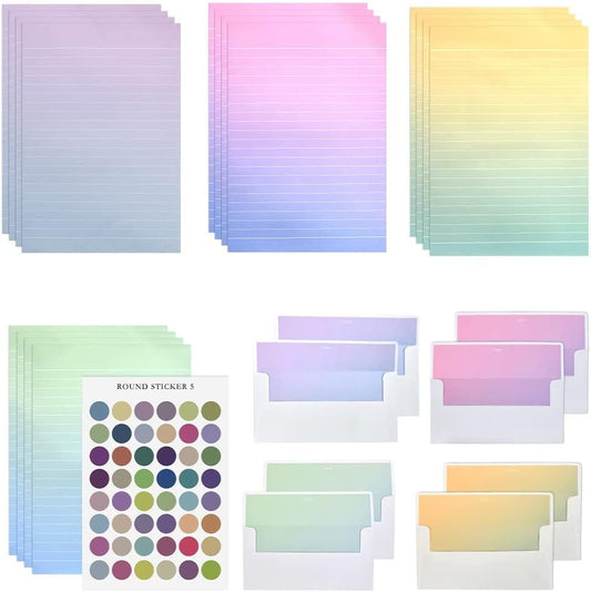 TIMESETL Stationery Letter Paper and Envelopes Set, Stationery Set with Lined Letter Writing Paper, 48 Stationary Paper + 24 Envelopes, Envelope Seal Sticker, 4 Gradient Colors