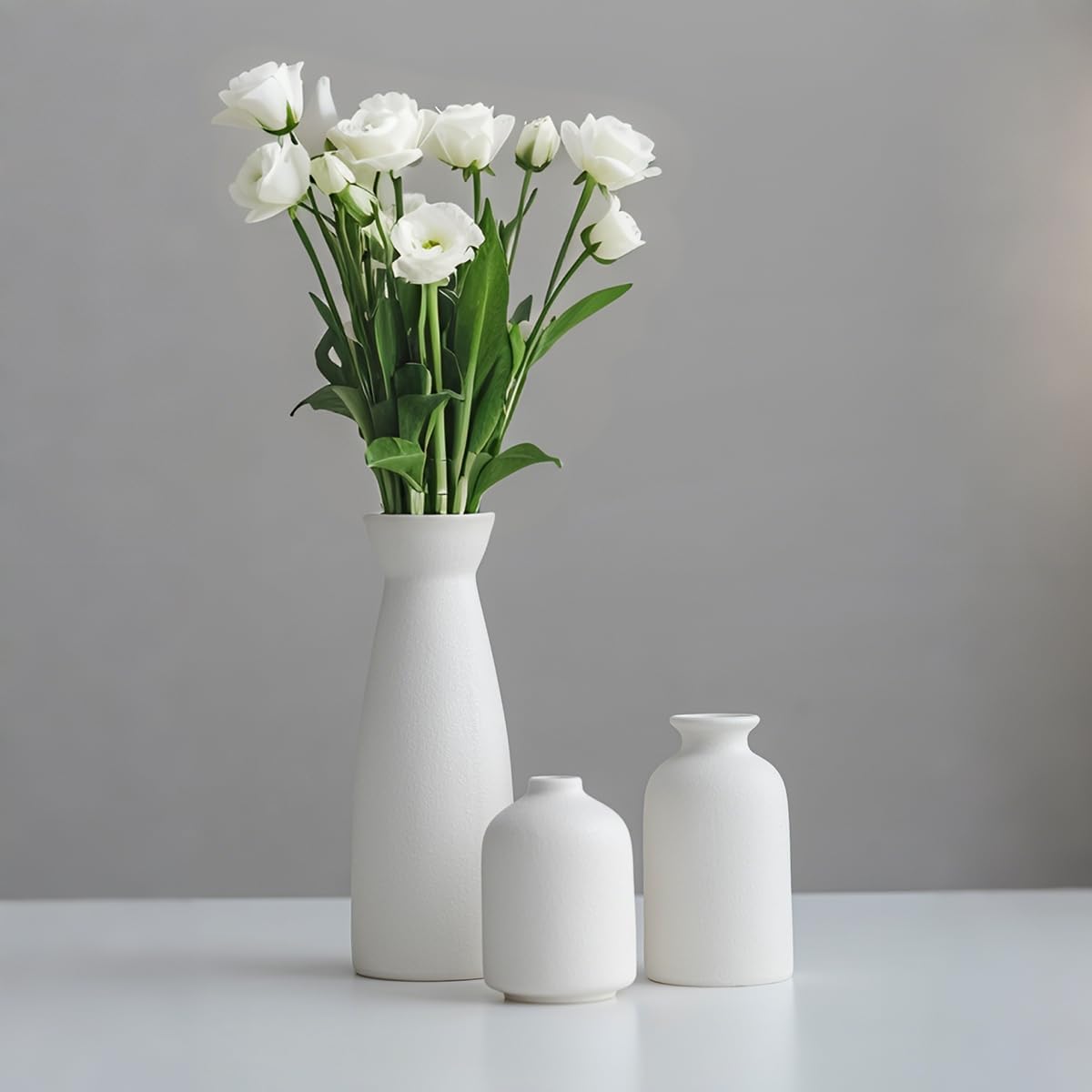 TINCTOTNIC Distressed Ceramic Vase Set of 3, Modern Bohemian Farmhouse Home Decor, Pampas Grass Dried Flowers Vases for Living Room, Dining Room, Bedroom, Kitchen, Bathroom, Office, Entryway (White)