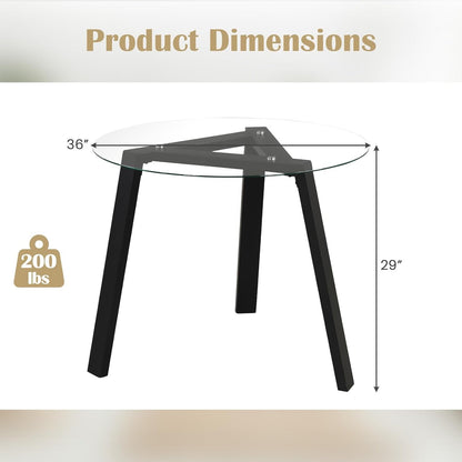 Giantex Round Glass Dining Table for 4 - Small Coffee Table with Rubber Wood Frame, Stable Triangular Structure, 36” Round Breakfast Table, Dinette Table for Living Room, Kitchen Table (Black)