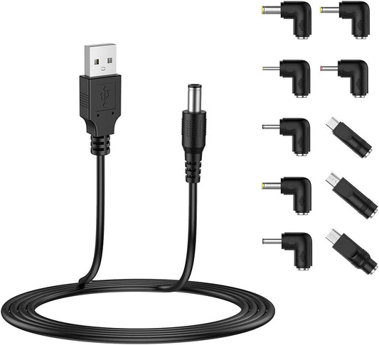 LIANSUM USB to DC 5V Power Cord, Universal DC 5.5x2.1mm Plug Jack Charging Cable with 10 Connector Tips(5.5x2.5, 4.8x1.7, 4.0x1.7, 4.0x1.35, 3.5x1.35, 3.0x1.1, 2.5x0.7, Micro USB, Type-C, Mini USB)5FT