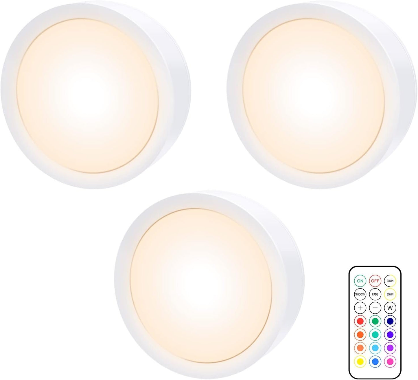 Upgrade Puck Lights with Remote and Timer, 12 Color Changing Under Counter Lights, Wireless Under Cabinet Lights Battery Powered, Dimmable Battery Operated Light, Stick On Lights