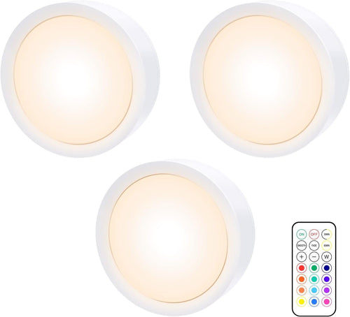 Upgrade Puck Lights with Remote and Timer, 12 Color Changing Under Counter Lights, Wireless Under Cabinet Lights Battery Powered, Dimmable Battery Operated Light, Stick On Lights