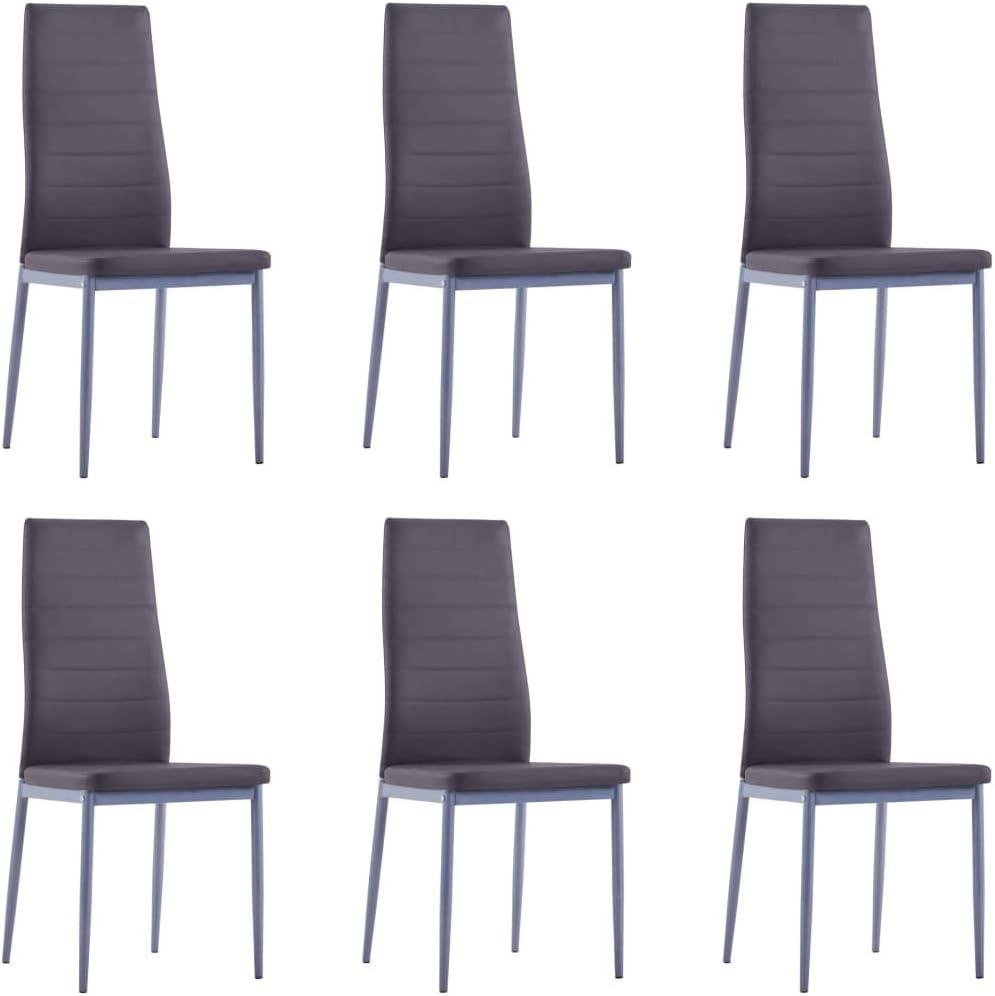 vidaXL Modern Seven Piece Dining Set in Grey - Tempered Glass Tabletop and Faux Leather Upholstery