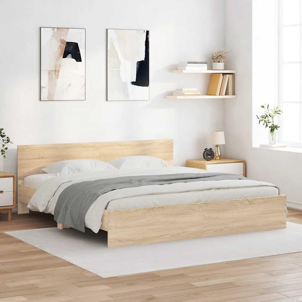 Sonoma Oak King Size Bed Frame Without Mattress 183x203 cm - Durable Engineered Wood Platform with Headboard and Sturdy Plywood Slats, Modern Low Profile, Ideal for Bedroom Furniture