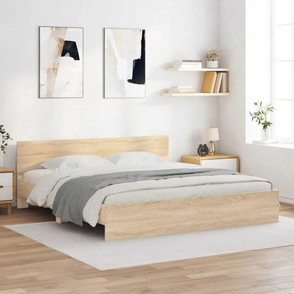 Sonoma Oak King Size Bed Frame Without Mattress 183x203 cm - Durable Engineered Wood Platform with Headboard and Sturdy Plywood Slats, Modern Low Profile, Ideal for Bedroom Furniture
