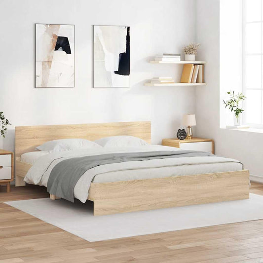 Sonoma Oak King Size Bed Frame Without Mattress 183x203 cm - Durable Engineered Wood Platform with Headboard and Sturdy Plywood Slats, Modern Low Profile, Ideal for Bedroom Furniture