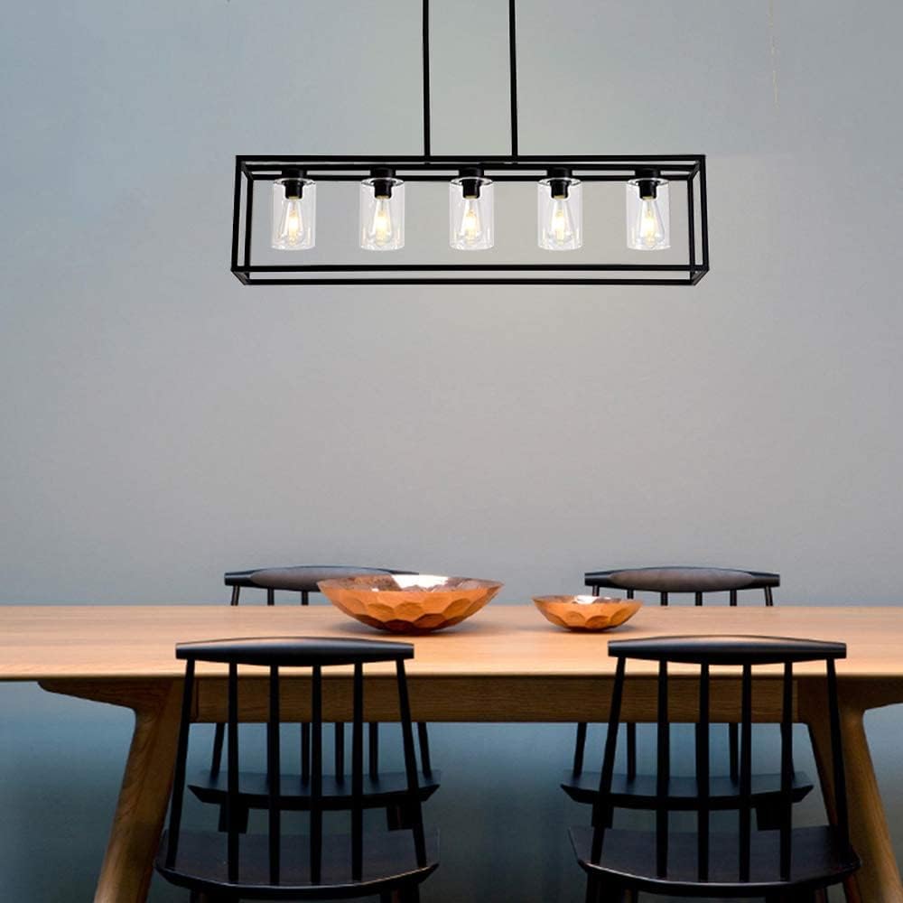 USOR 5 Lights Chandelier Hanging Light Fixture Morden Rectangle Pendant Lights with Clear Glass Shade Fashionable Ceiling Light for Dining Room Kitchen Island Black Color