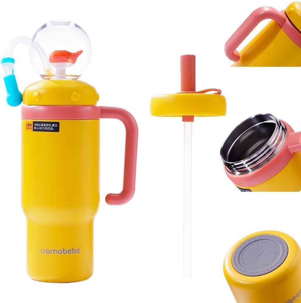 Fountain Tumbler Whale Fountain Tumbler with Handle Topper Squirts Water Bottle 24oz Stainless Steel, Two Lids, Spill-Proof,Silicone Straw,Dishwasher Safe,Portable Water Bottle for Kids, Teens,Adults