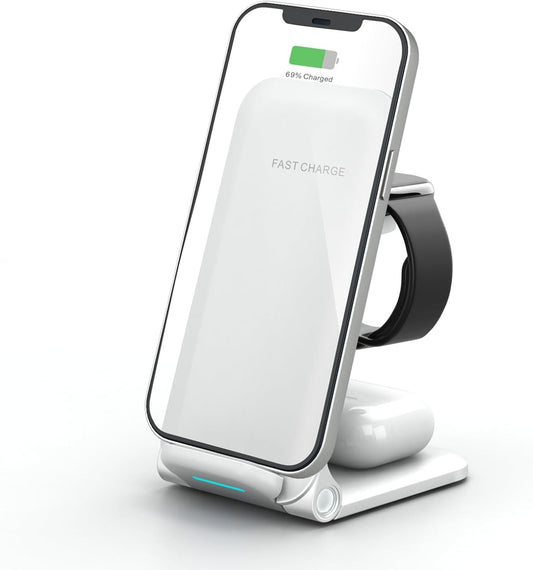 HOVNIER 15W 3 in 1 Wireless Charger Stand, Foldable Fast Charging Station for Apple Watch Ultra 2/Ultra/10/9/8/7/6, for iPhone 16/15/14/13 /Plus/Pro/Pro Max/12, AirPods 3/2/1/Pro/Pro 2 (3 in 1 White)