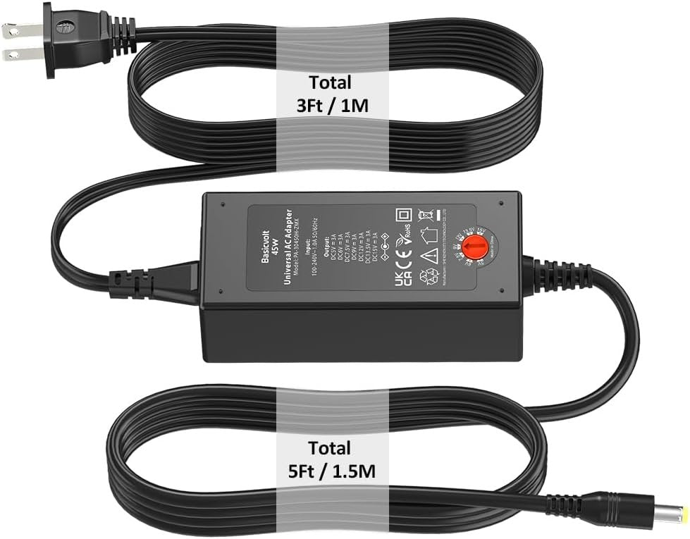 Basicvolt 45W Universal AC/DC Adapter 5V 6V 7.5V 9V 12V 13.5V 15V 1A 2A 3A Power Supply, Multi-Voltage Power Adapter for Household Electronics Webcam TV Box LED Strip Light Speaker and More
