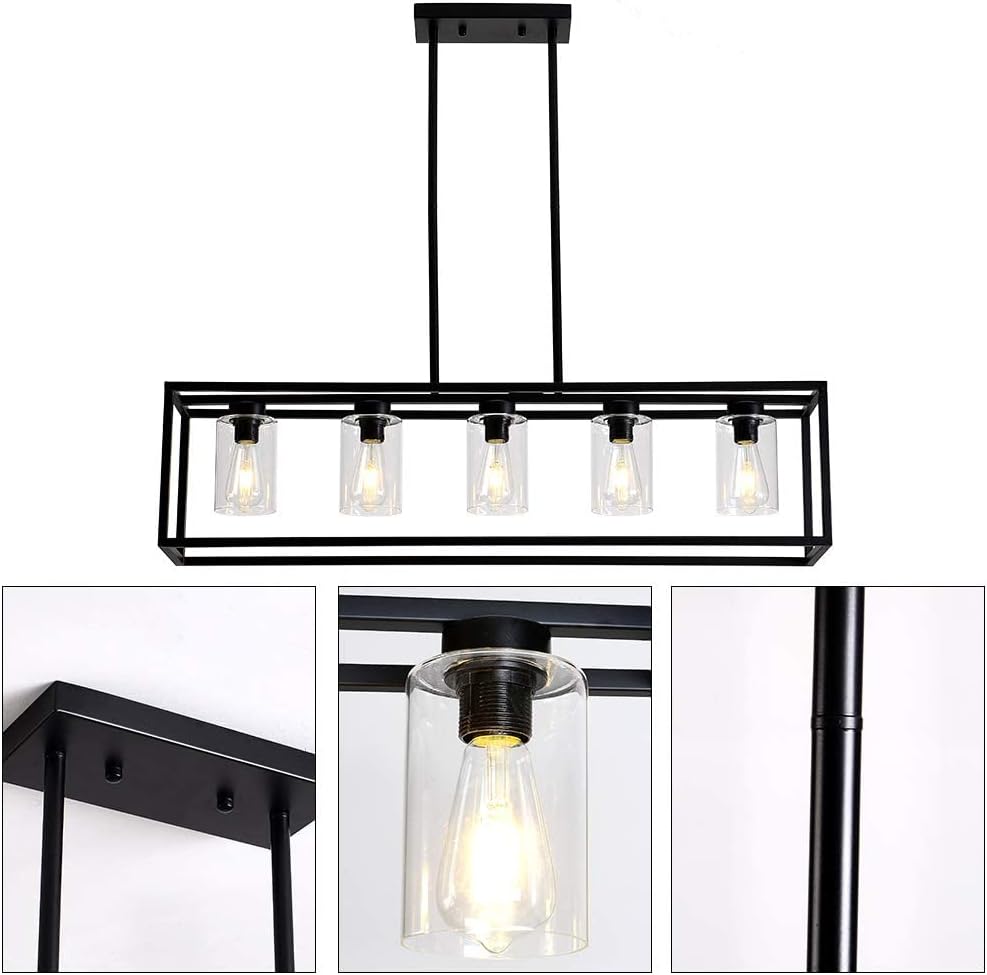USOR 5 Lights Chandelier Hanging Light Fixture Morden Rectangle Pendant Lights with Clear Glass Shade Fashionable Ceiling Light for Dining Room Kitchen Island Black Color