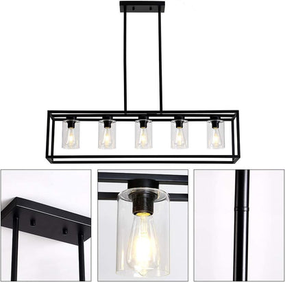 USOR 5 Lights Chandelier Hanging Light Fixture Morden Rectangle Pendant Lights with Clear Glass Shade Fashionable Ceiling Light for Dining Room Kitchen Island Black Color