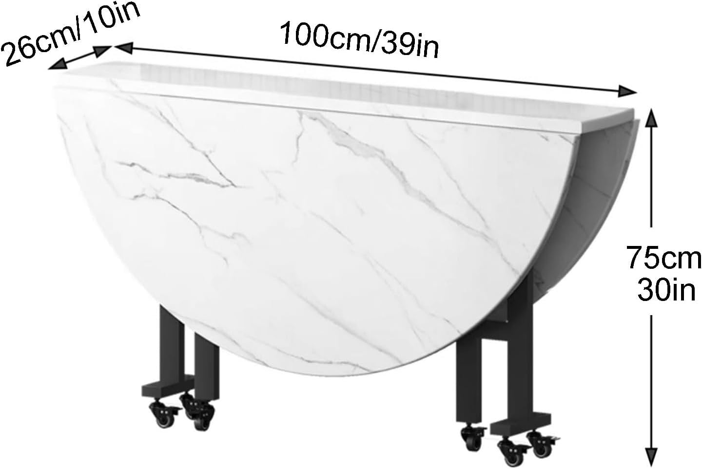 Mobile Round Folding Dining Table, Drop Leaf Kitchen Table for Small Spaces, Wooden Extendable Dining Table, 6 Wheels, Sturdy Metal Frame, Space Saving Versatile Dinner Table, Easily Bear 400Kg(White,