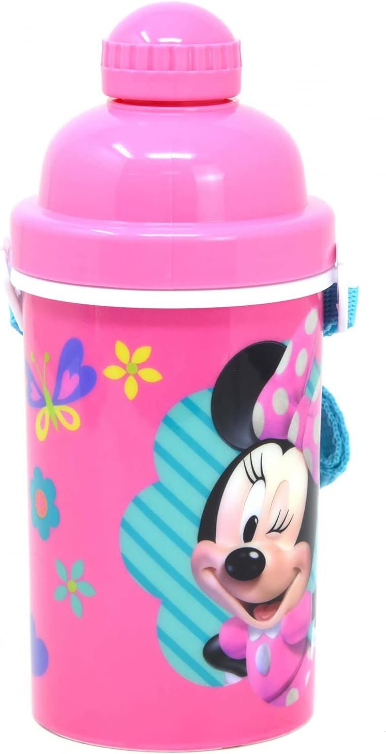 Zak Designs Disney Classic Minnie Carrying Strap One Touch Water Bottles with Reusable Built in Straw - Safe Approved BPA Free, Easy to Clean (Minnie Canteen 16.9oz)