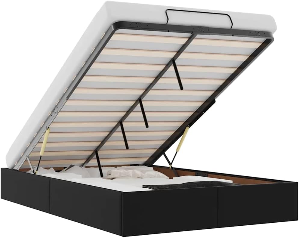 vidaxl King Single Ottoman Bed Frame - Black Faux Leather Storage Bed with Hydraulic Lift Mechanism