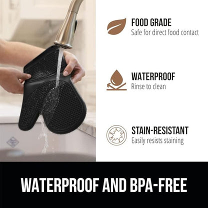 GORILLA GRIP Heat Resistant Durable Silicone Oven Mitts, BPA-Free Protective Grilling Potholders, Soft Cotton Lining, Flexible Waterproof Cooking Mitt Set, Kitchen Home Essentials, 12.5x8.3, Black