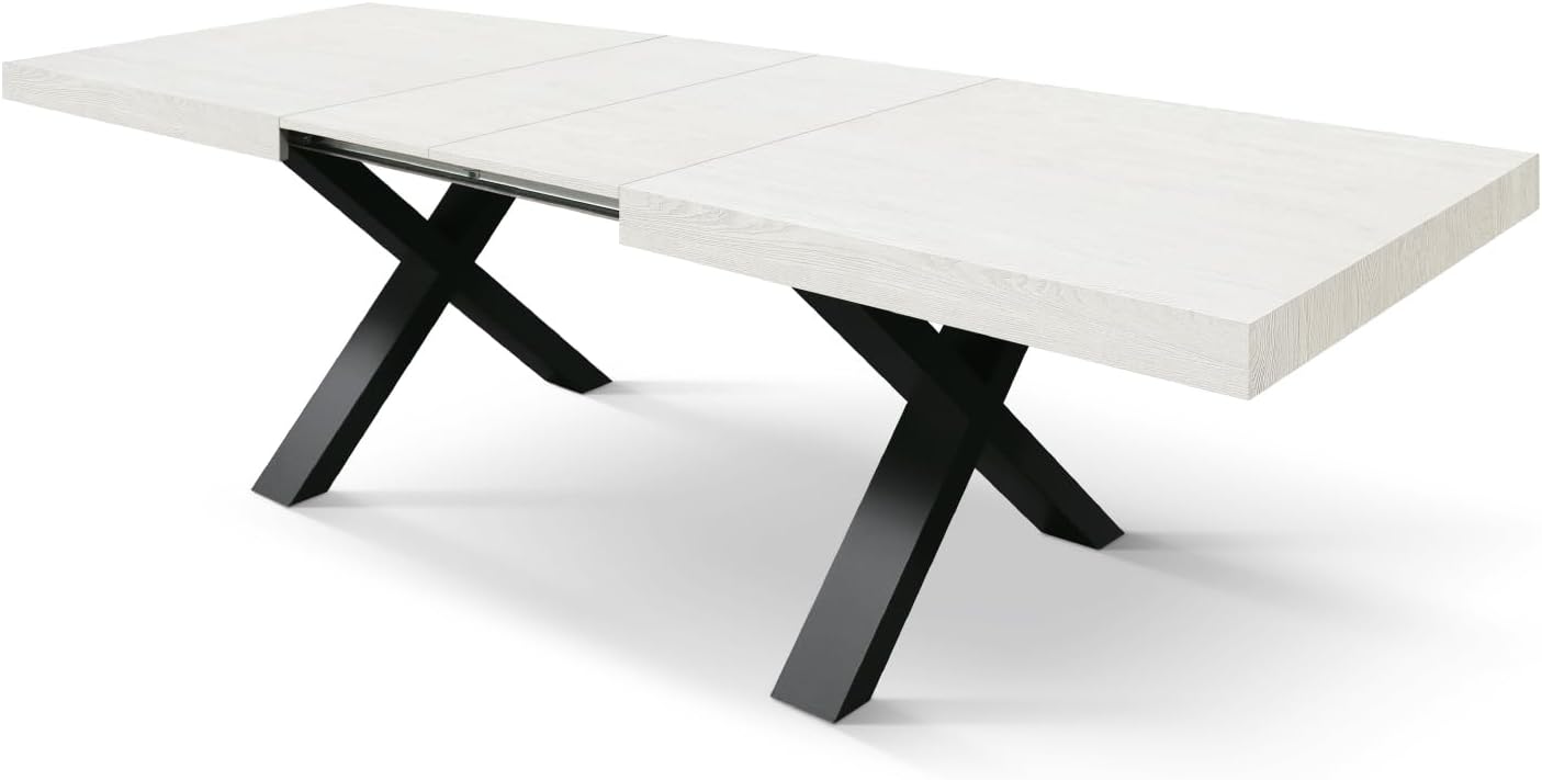 PAZZO DESIGN Linda Extendable Table, Living Room Table, Kitchen Table, Cross Legs X Black, Made in Italy, Ash White, 180 x 90 x 76 cm - id_1982-N