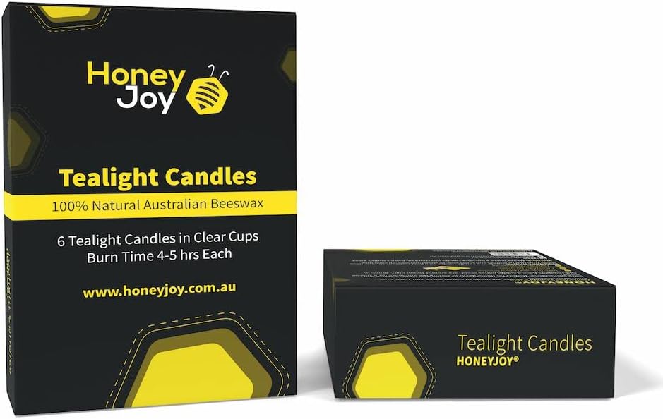Honey Joy Pure Beeswax Tealight Candles - Pack of 6, Australian Made, Natural Honey Scent, 4-5 Hour Burn Time, Perfect for Home Decor and Special Events