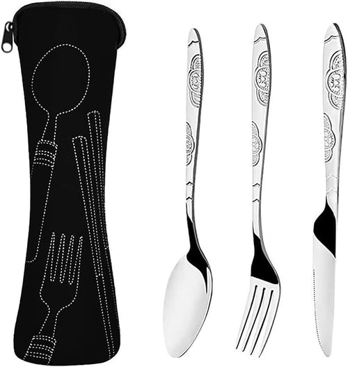 FRAINBOWZ Portable Stainless Steel Flatware Set,Stainless Steel Flatware Camping Utensil Set with Neoprene Bag Travel Cutlery Set for Outdoor Travel Picnic Office School Lunch Boxï¼ˆBlackï¼‰