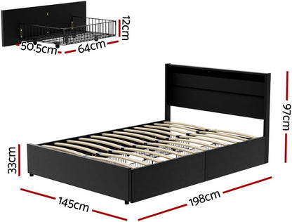 Artiss Bed Frame Double Size LED with 4 Storage Drawers Mattress Base Black Dunn