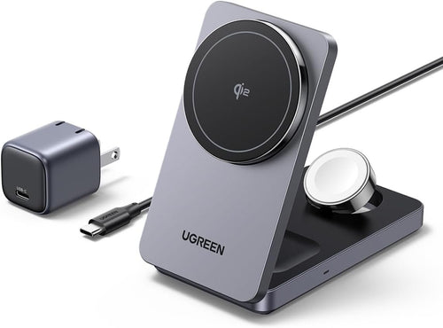 UGREEN MagSafe Compatible Qi2 3-in-1 Wireless Charging Station, Foldable Wireless Charger Stand Compatible with iPhone 16/15/14/13/12 Series, AirPods 3/2/Pro, Smartwatch (Included 30W Adapter)