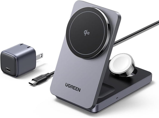 UGREEN MagSafe Compatible Qi2 3-in-1 Wireless Charging Station, Foldable Wireless Charger Stand Compatible with iPhone 16/15/14/13/12 Series, AirPods 3/2/Pro, Smartwatch (Included 30W Adapter)