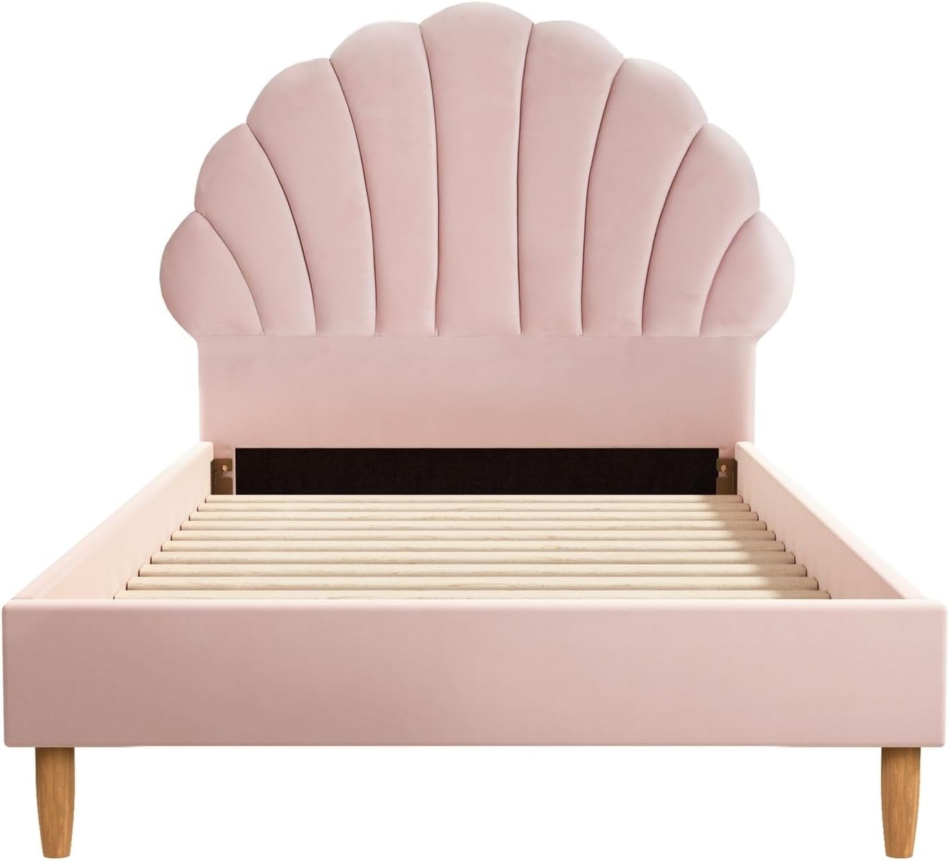Oikiture Bed Frame Single with Scallop-Shape BedHead Pink Velvet Single Bed