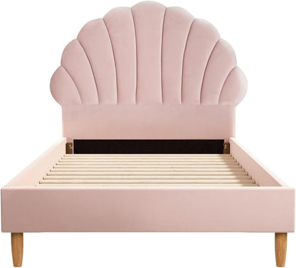 Oikiture Bed Frame Single with Scallop-Shape BedHead Pink Velvet Single Bed