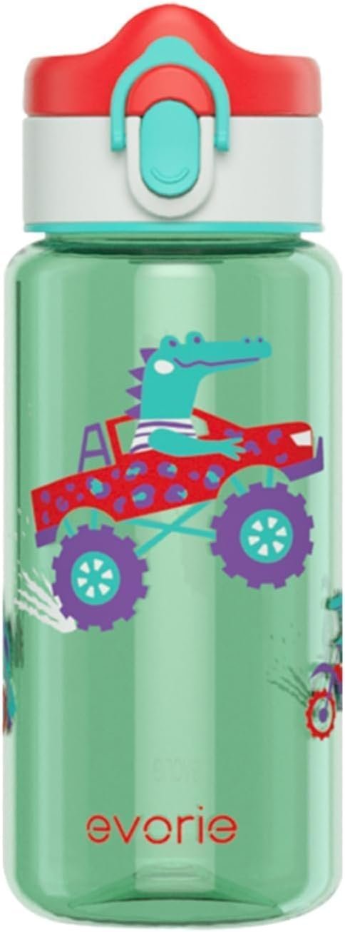 Evorie Tritan Kids Water Bottle for School No Straw 380mL 13oz BPA Free Plastic Sports Bottle Reusable Lightweight Leakproof Travel Drinks Bottle Spout Drinking Cup Running Flip Top ï¼ˆGreen Alligatorï¼‰