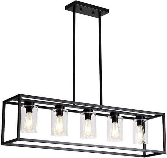 USOR 5 Lights Chandelier Hanging Light Fixture Morden Rectangle Pendant Lights with Clear Glass Shade Fashionable Ceiling Light for Dining Room Kitchen Island Black Color