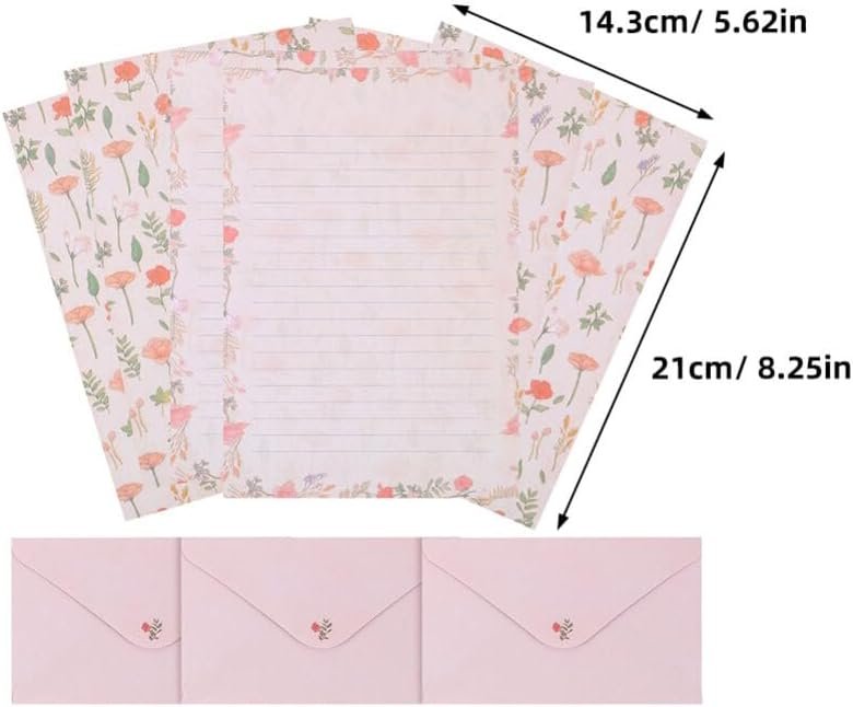 NUOBESTY A5 Stationary Paper and Envelopes Set, 24PCS Floral Stationery Writing Paper 12PCS Matching Envelopes Lined Printing Paper for Home Office School