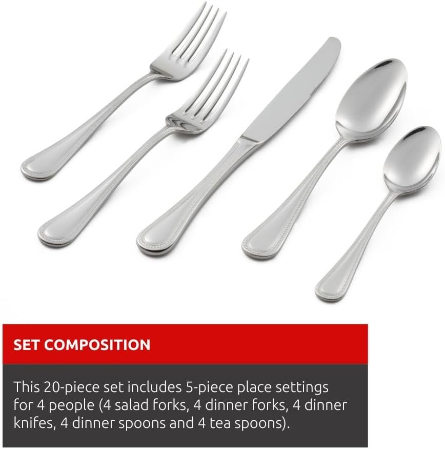 Lagostina Siena 20pc Serving Dinner Flatware Set, Stainless Steel Cutlery, 5-Pieces (Salad Fork, Dinner Fork, Dinner Knife, Dinner Spoon and Tea Spoon), Silver