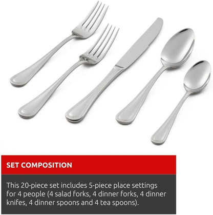Lagostina Siena 20pc Serving Dinner Flatware Set, Stainless Steel Cutlery, 5-Pieces (Salad Fork, Dinner Fork, Dinner Knife, Dinner Spoon and Tea Spoon), Silver